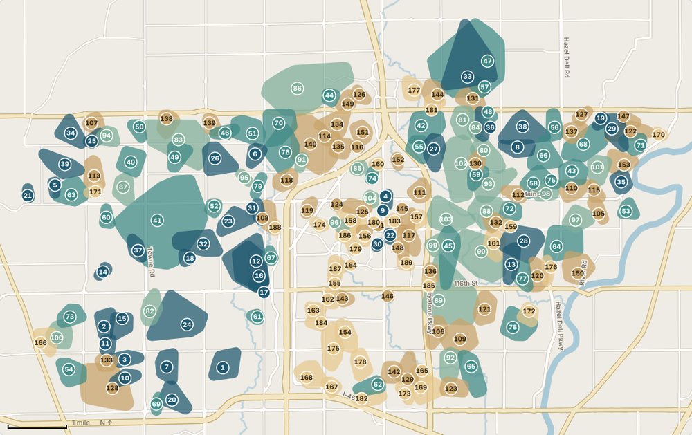 Map of Carmel neighborhoods shaded by median sale price