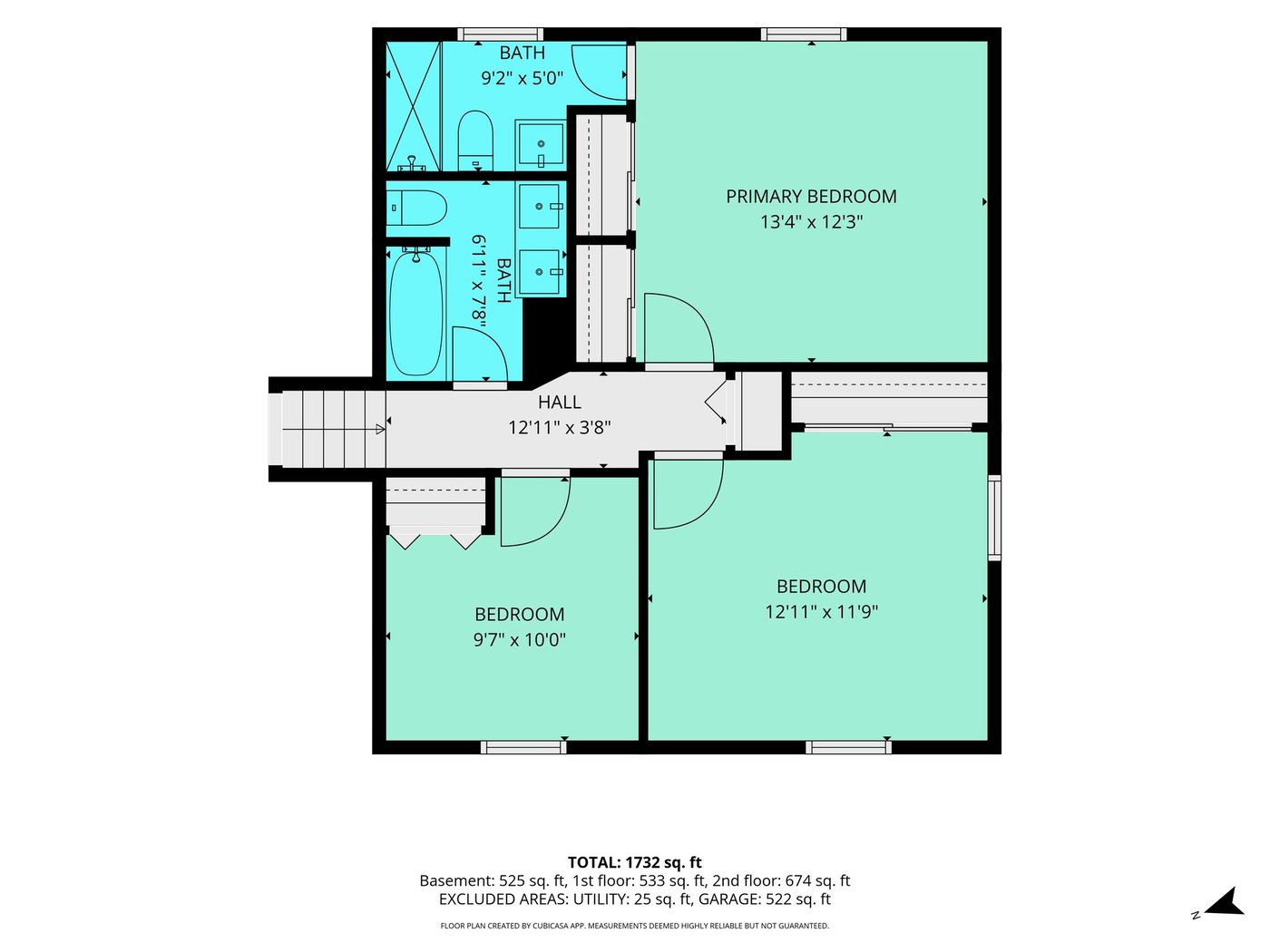 Floor plan, upper level: primary bedroom, two bedrooms, two baths